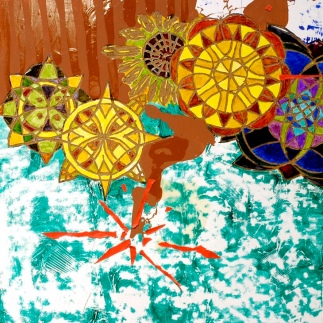 anxiety blossoms, mixed media and carving on melamine panel, 16" x 18", 2005, private collection