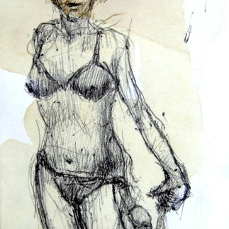 mother and child, ball-point pen on scrap mail, 2 x 5, 1998.